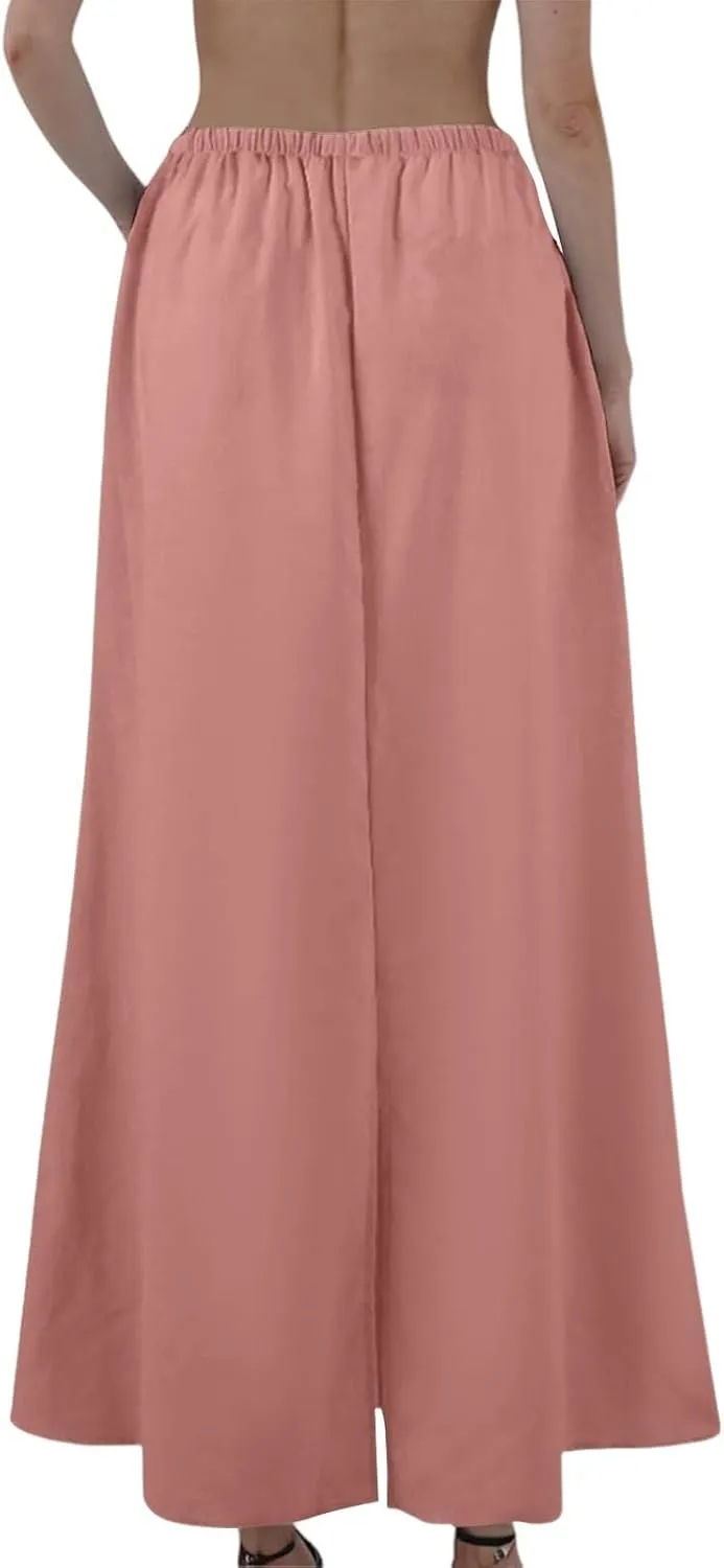Maxi Linen Flare Skirts for Women Trendy Summer with Slit Long Flowy Drawstring Elastic Waist Low Rise A Line Skorts
