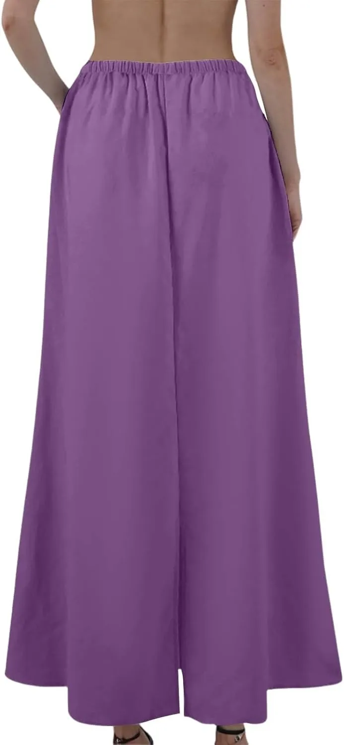 Maxi Linen Flare Skirts for Women Trendy Summer with Slit Long Flowy Drawstring Elastic Waist Low Rise A Line Skorts