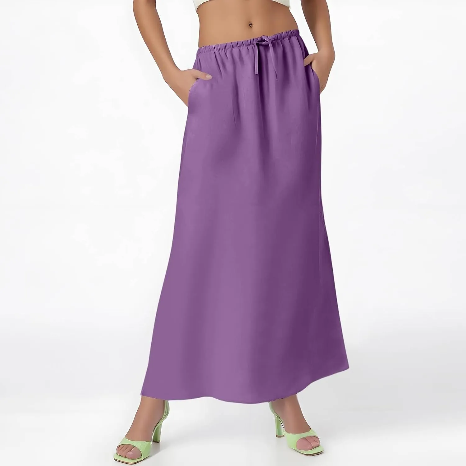 Maxi Linen Flare Skirts for Women Trendy Summer with Slit Long Flowy Drawstring Elastic Waist Low Rise A Line Skorts