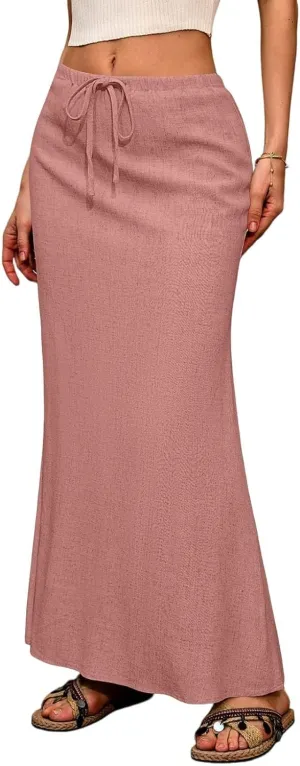 Maxi Linen Flare Skirts for Women Trendy Summer with Slit Long Flowy Drawstring Elastic Waist Low Rise A Line Skorts
