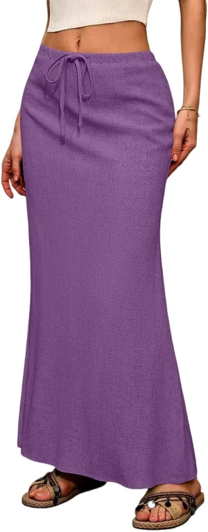 Maxi Linen Flare Skirts for Women Trendy Summer with Slit Long Flowy Drawstring Elastic Waist Low Rise A Line Skorts