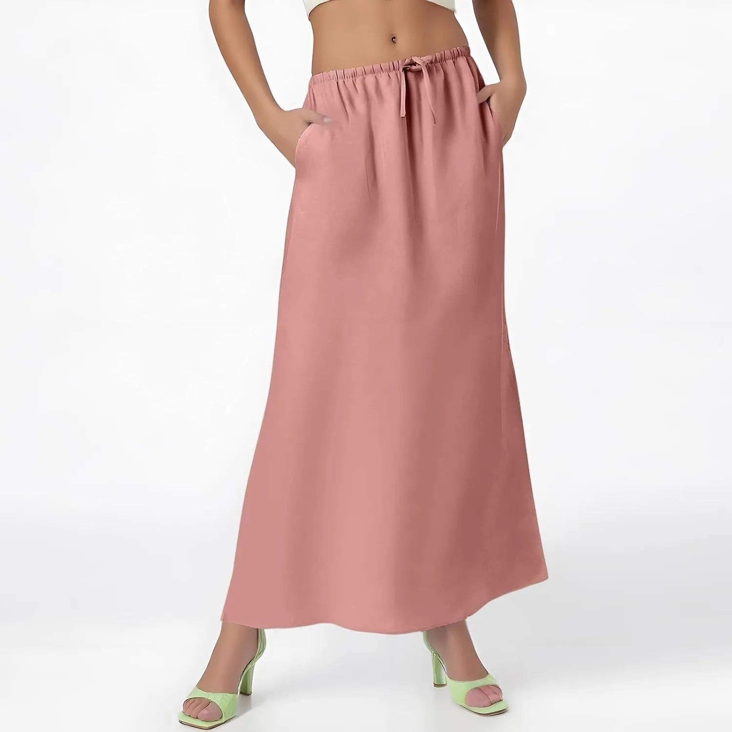 Maxi Linen Flare Skirts for Women Trendy Summer with Slit Long Flowy Drawstring Elastic Waist Low Rise A Line Skorts