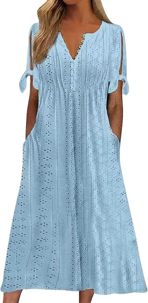 Maxi Long Dresses for Women 2025 Summer Short Sleeve Eyelet Tshirt Dress Casual Beach Vacation Fashion Sundress