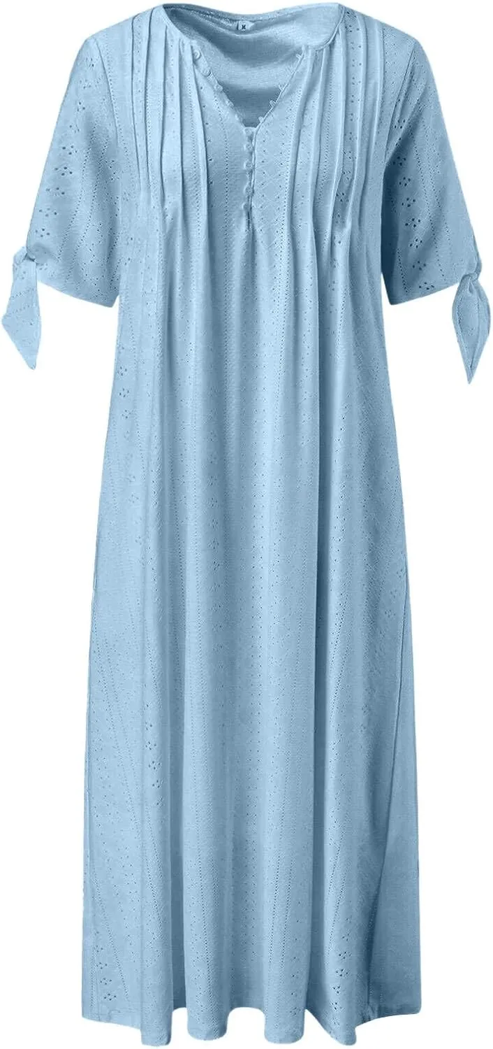 Maxi Long Dresses for Women 2025 Summer Short Sleeve Eyelet Tshirt Dress Casual Beach Vacation Fashion Sundress