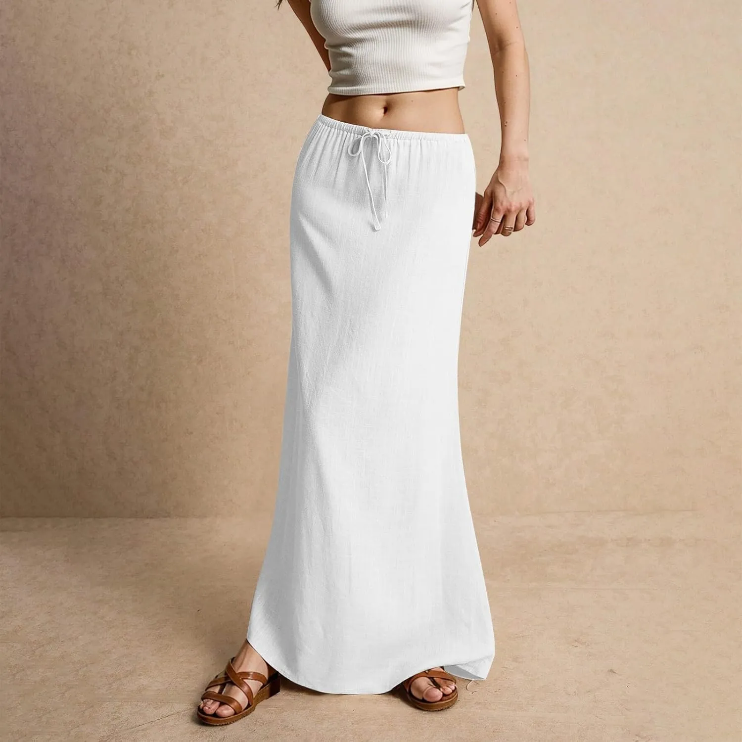 Maxi Skirt Linen Cotton Flared Ankle Length Long Flowy Elastic Low Waist Drawstring Summer Casual Dresses for Women