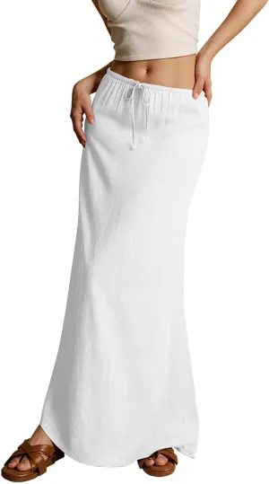 Maxi Skirt Linen Cotton Flared Ankle Length Long Flowy Elastic Low Waist Drawstring Summer Casual Dresses for Women