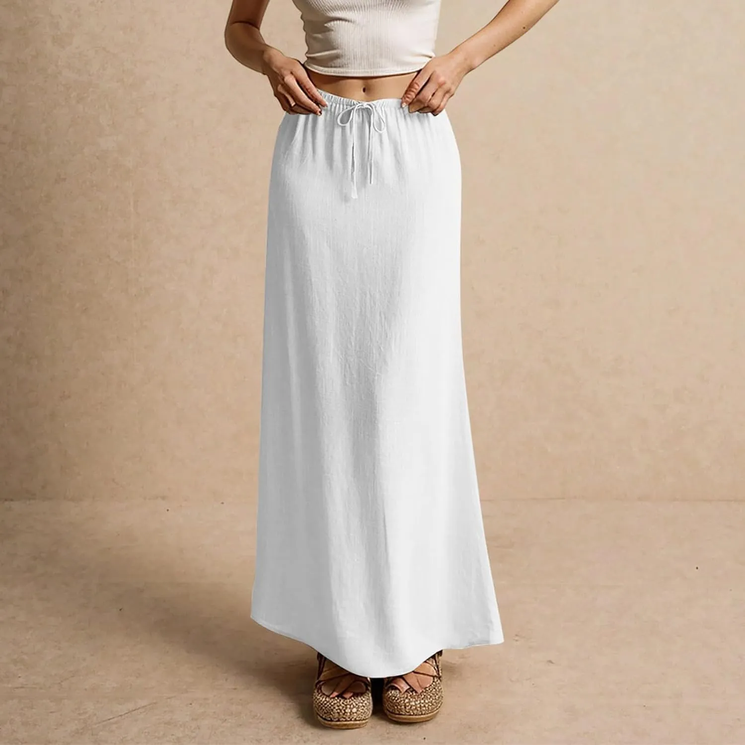 Maxi Skirt Linen Cotton Flared Ankle Length Long Flowy Elastic Low Waist Drawstring Summer Casual Dresses for Women