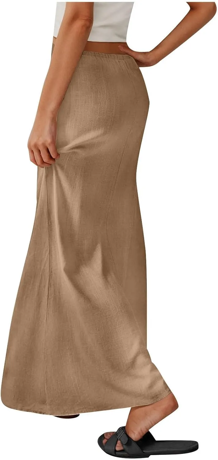 Maxi Skirts for Women Summer Design Cotton Linen Long Skirts Boho Casual Flowy Skirts Drawstring Waist A Line Skirts