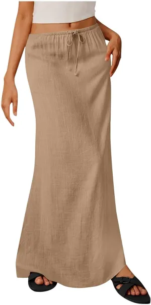 Maxi Skirts for Women Summer Design Cotton Linen Long Skirts Boho Casual Flowy Skirts Drawstring Waist A Line Skirts