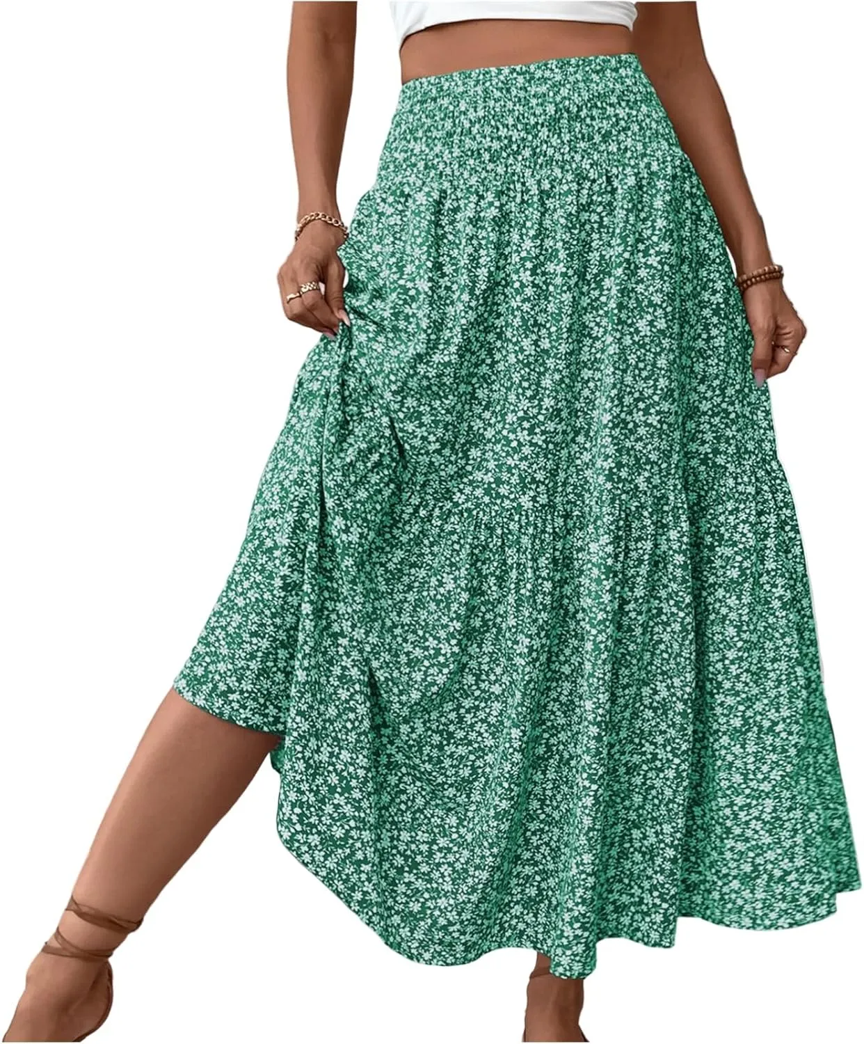 Maxi Skirts for Women Summer Floral Smocked High Waisted Boho Skirt with Pockets Vacation A-Line Long Flowy Skirts