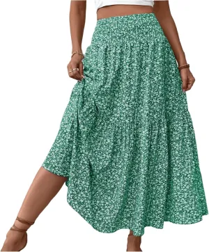Maxi Skirts for Women Summer Floral Smocked High Waisted Boho Skirt with Pockets Vacation A-Line Long Flowy Skirts