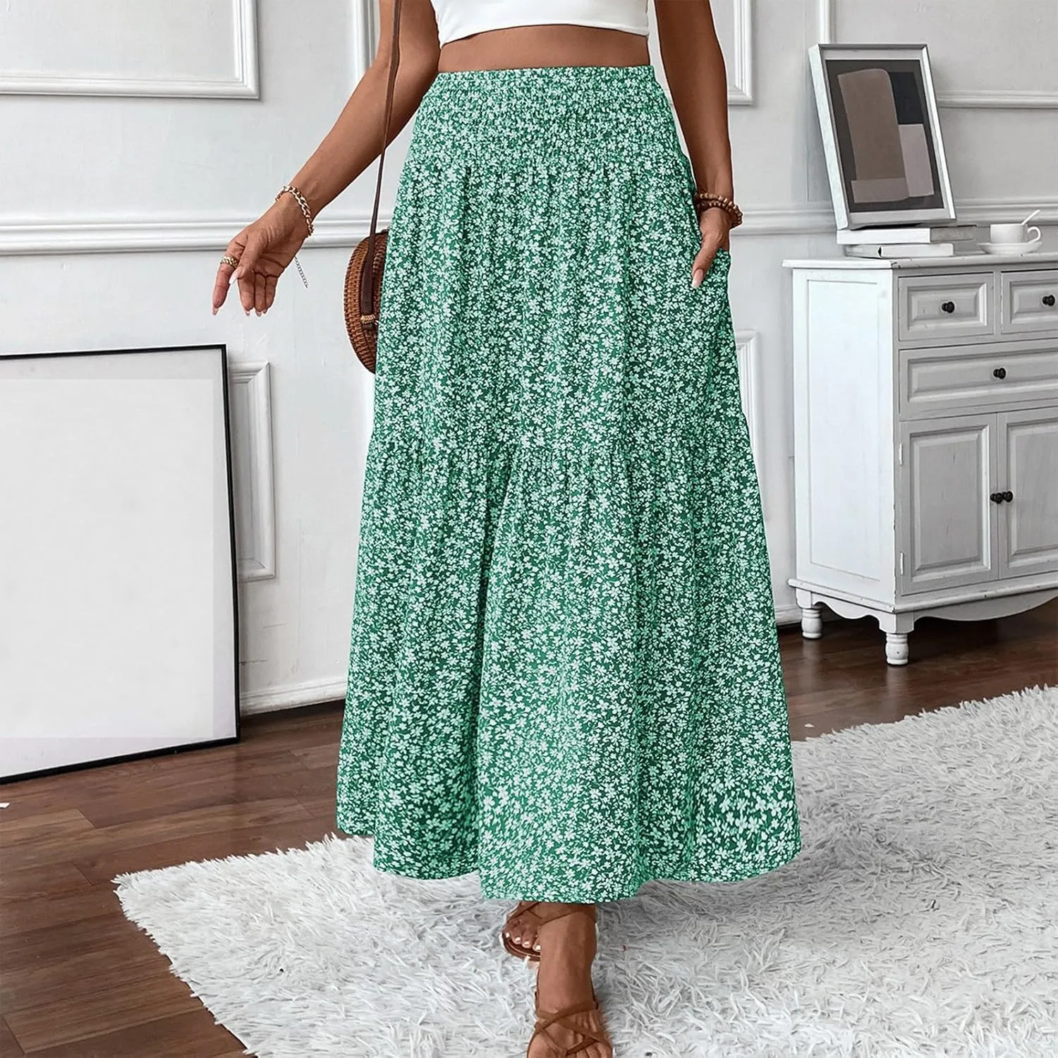 Maxi Skirts for Women Summer Floral Smocked High Waisted Boho Skirt with Pockets Vacation A-Line Long Flowy Skirts