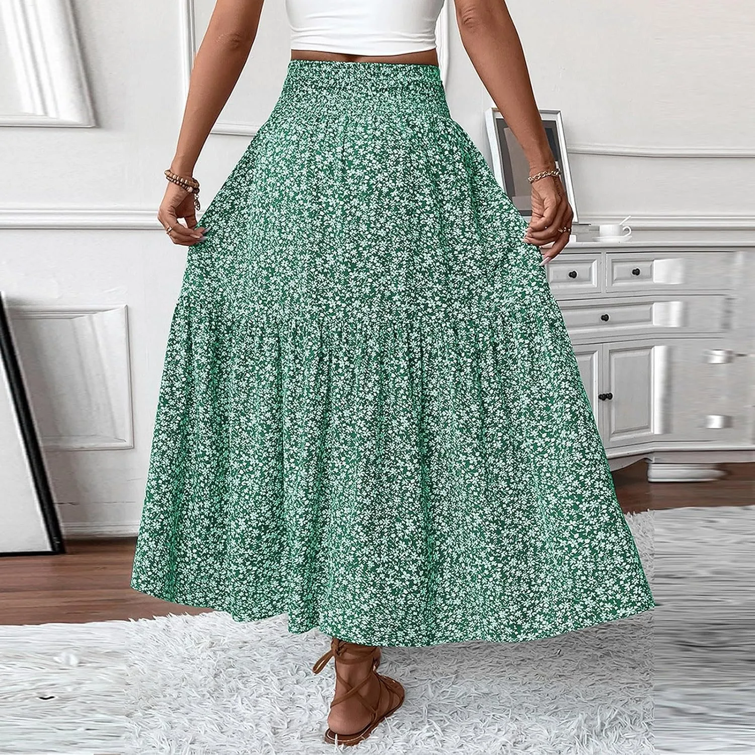 Maxi Skirts for Women Summer Floral Smocked High Waisted Boho Skirt with Pockets Vacation A-Line Long Flowy Skirts