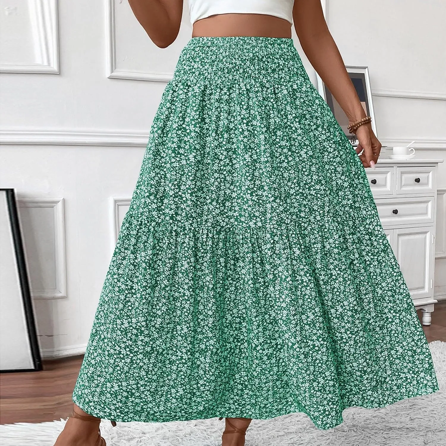 Maxi Skirts for Women Summer Floral Smocked High Waisted Boho Skirt with Pockets Vacation A-Line Long Flowy Skirts
