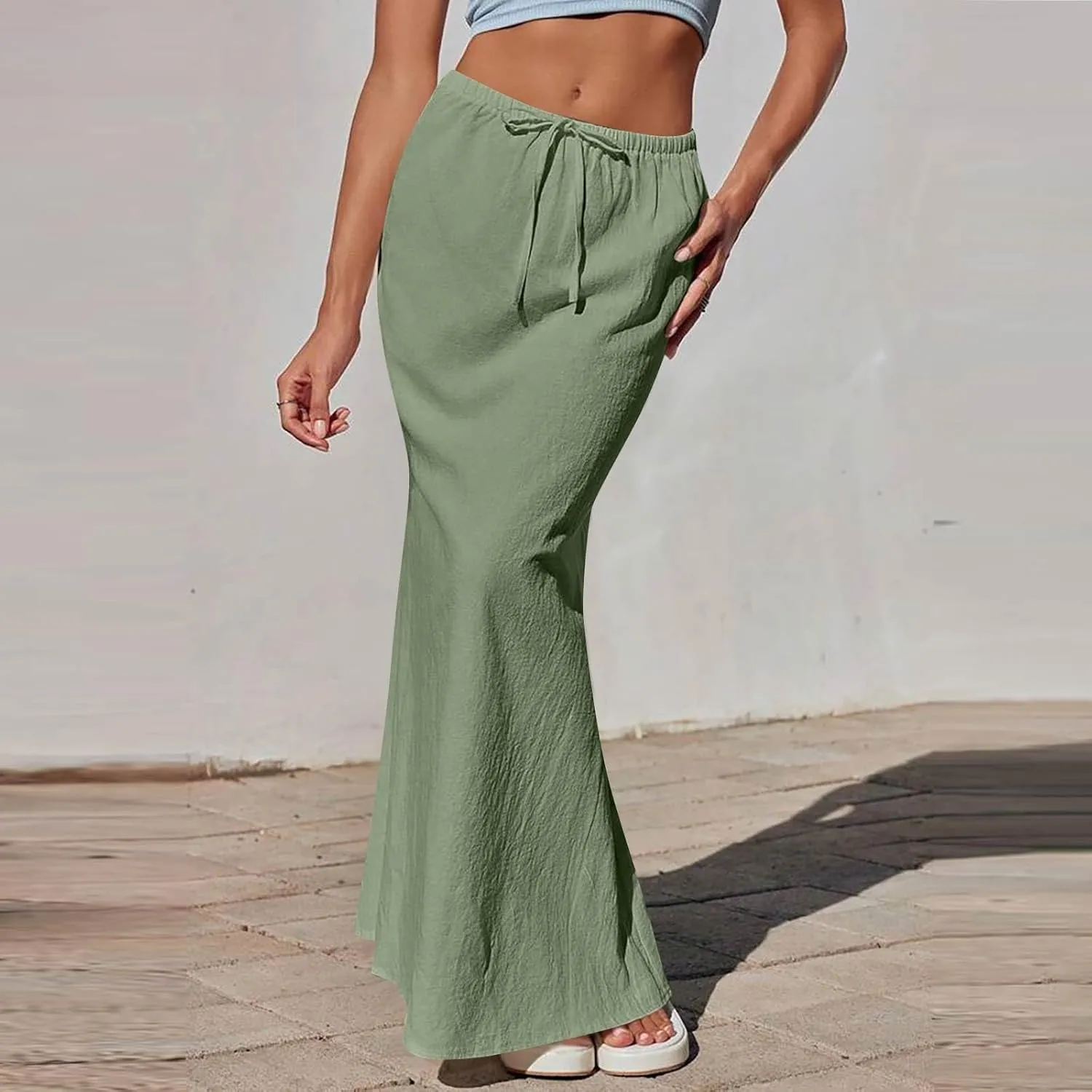 Maxi Skirts for Women Trendy Summer Boho Low Rise Drawstring Cotton Linen Skirts Casual Cute Flowy Long Fishtail Skirt
