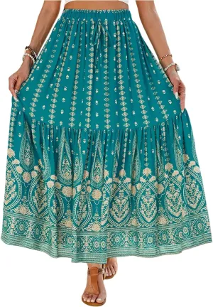 Maxi Skirts,Casual Flowy Skirts for Women 2025 Trendy Beach Vacation Long Boho Skirt Spring Summer Elastic Waist