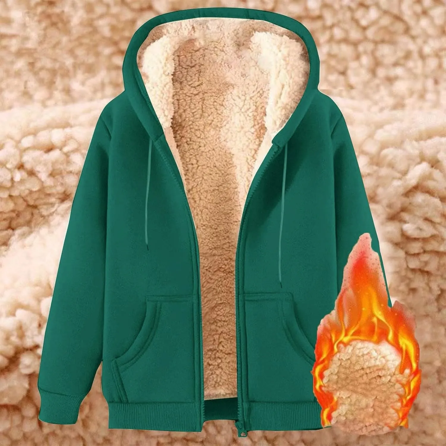 Men Sherpa Fleece Lined Jacket Unisex Women Thick Zip Up Hoodie Sweatshirt with Pockets Soft Warm Winter Coats