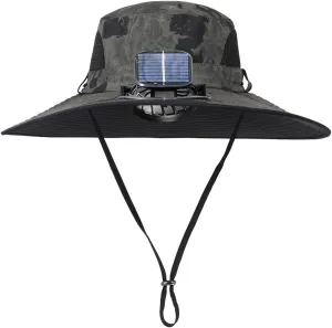 Men Sun Hat Wide Brim Outdoor Hats UPF 50  Fishing Caps with 1 Solar Fan Adjustable