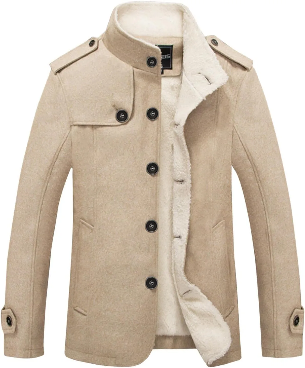 Mens Casual Sherpa Fleece Lined Wool Blend Jackets Winter Warm Cotton Cargo Coats Single-breasted Military Jackets L-4XL
