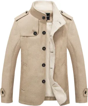Mens Casual Sherpa Fleece Lined Wool Blend Jackets Winter Warm Cotton Cargo Coats Single-breasted Military Jackets L-4XL