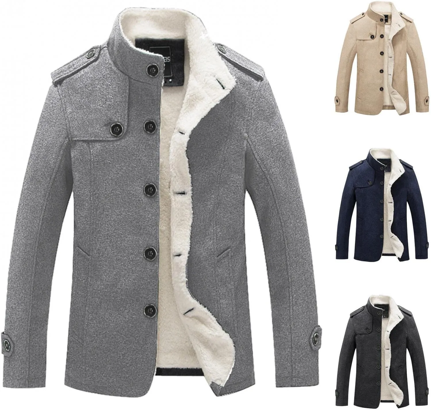 Mens Casual Sherpa Fleece Lined Wool Blend Jackets Winter Warm Cotton Cargo Coats Single-breasted Military Jackets L-4XL