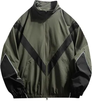 Mens Casual Zip Up Jacket Lightweight Color Block Stitching Coats Hoodless Windproof Breathable Bomber Jacket