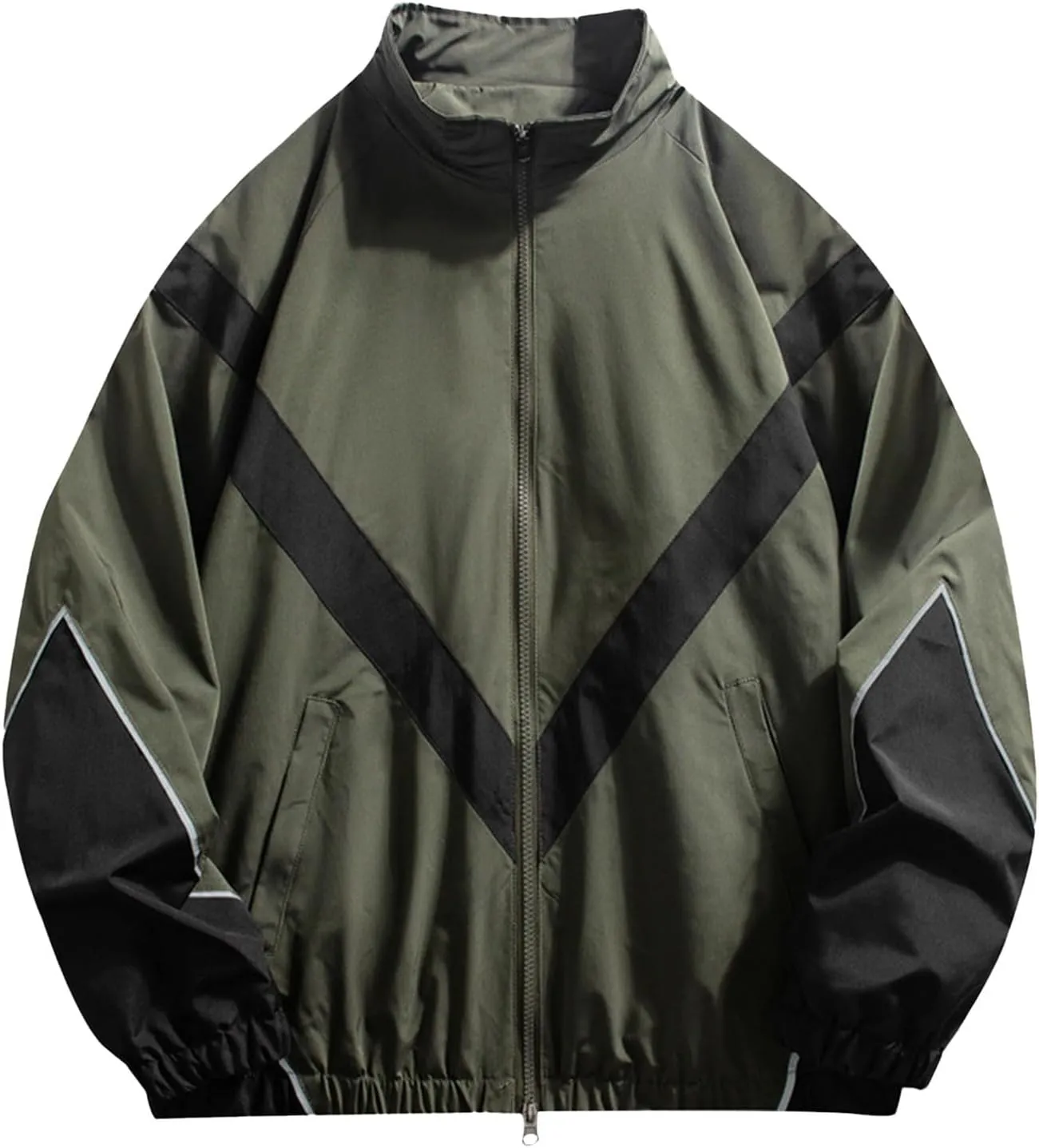 Mens Casual Zip Up Jacket Lightweight Color Block Stitching Coats Hoodless Windproof Breathable Bomber Jacket