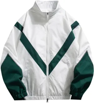 Mens Casual Zip Up Jacket Lightweight Color Block Stitching Coats Hoodless Windproof Breathable Bomber Jacket