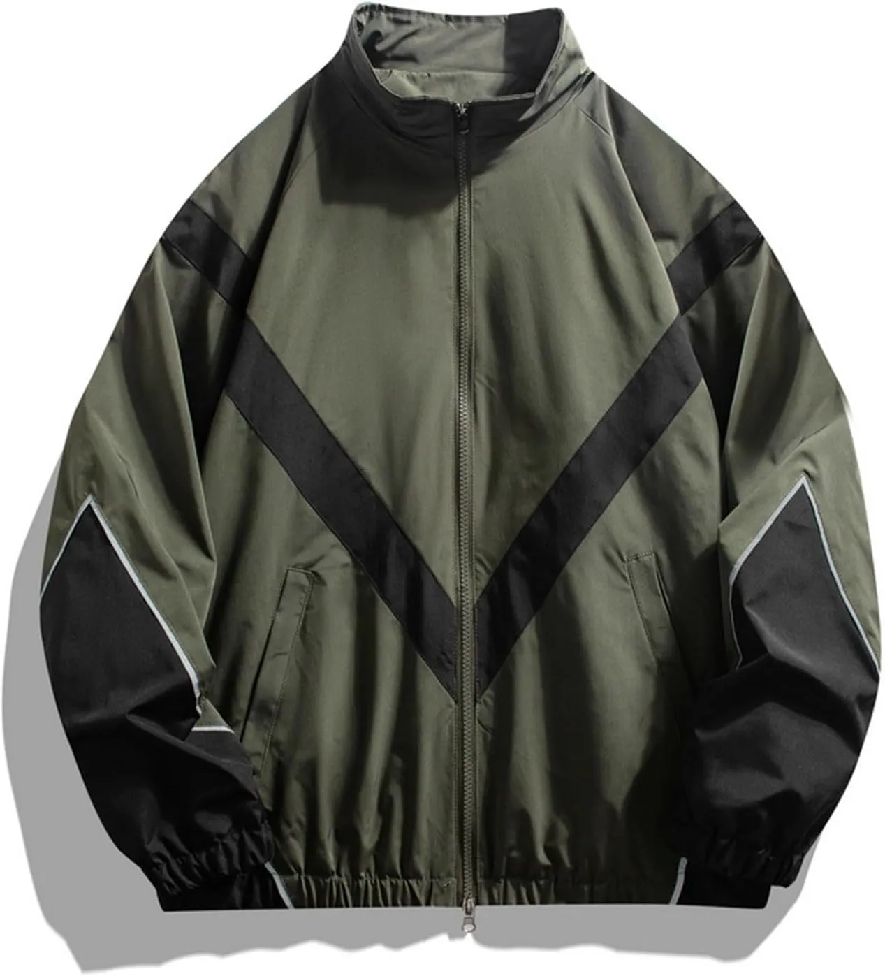 Mens Casual Zip Up Jacket Lightweight Color Block Stitching Coats Hoodless Windproof Breathable Bomber Jacket