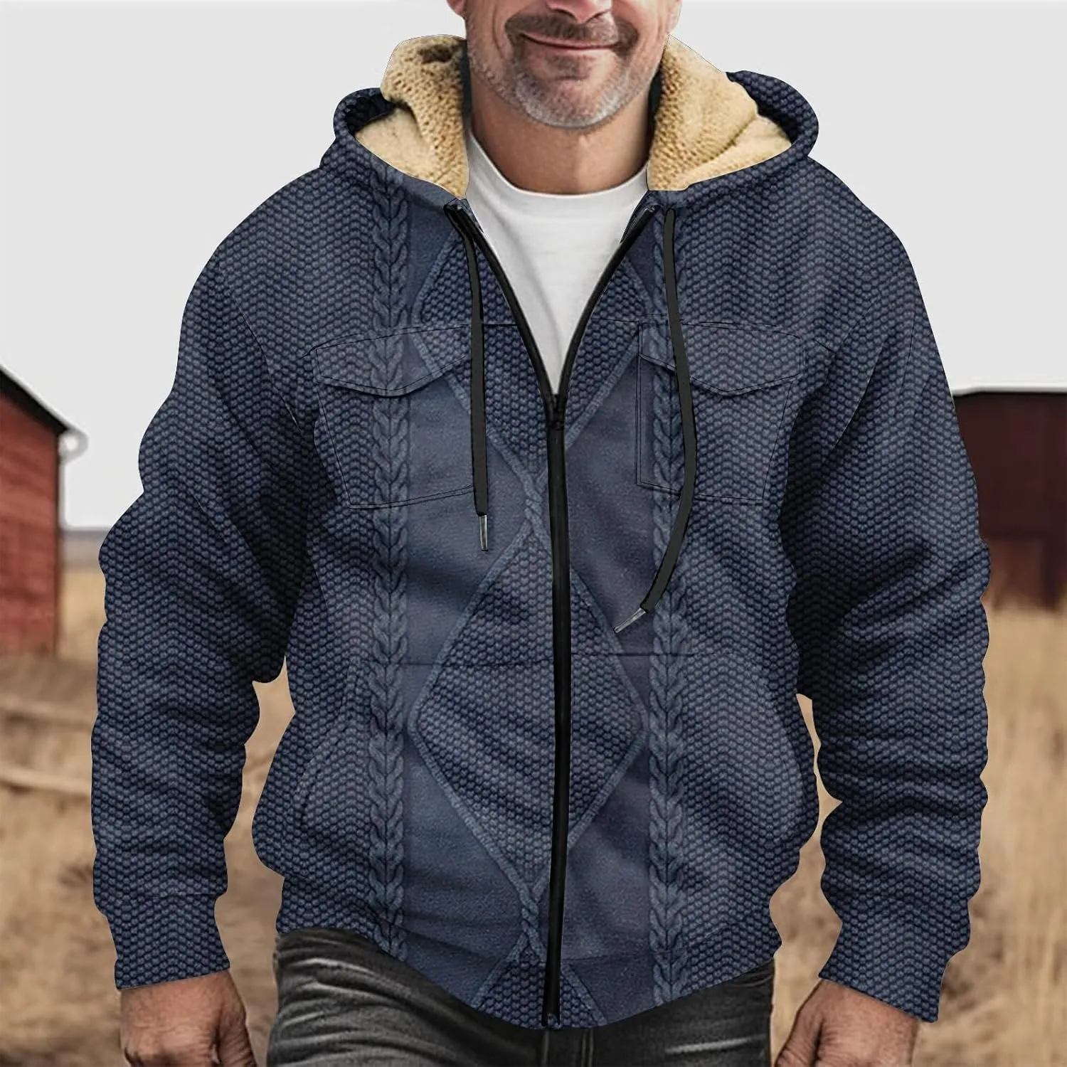 Mens Coats Winter Hoodies Pockets Long Sleeve Casual Graphic Zip Up Vintage Padded Jacket