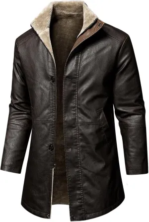 Mens Faux Leather Sherpa Lined Jacket Winter Warm Trench Coats Heavyweight Fleece Motorcycle Bike Jacket