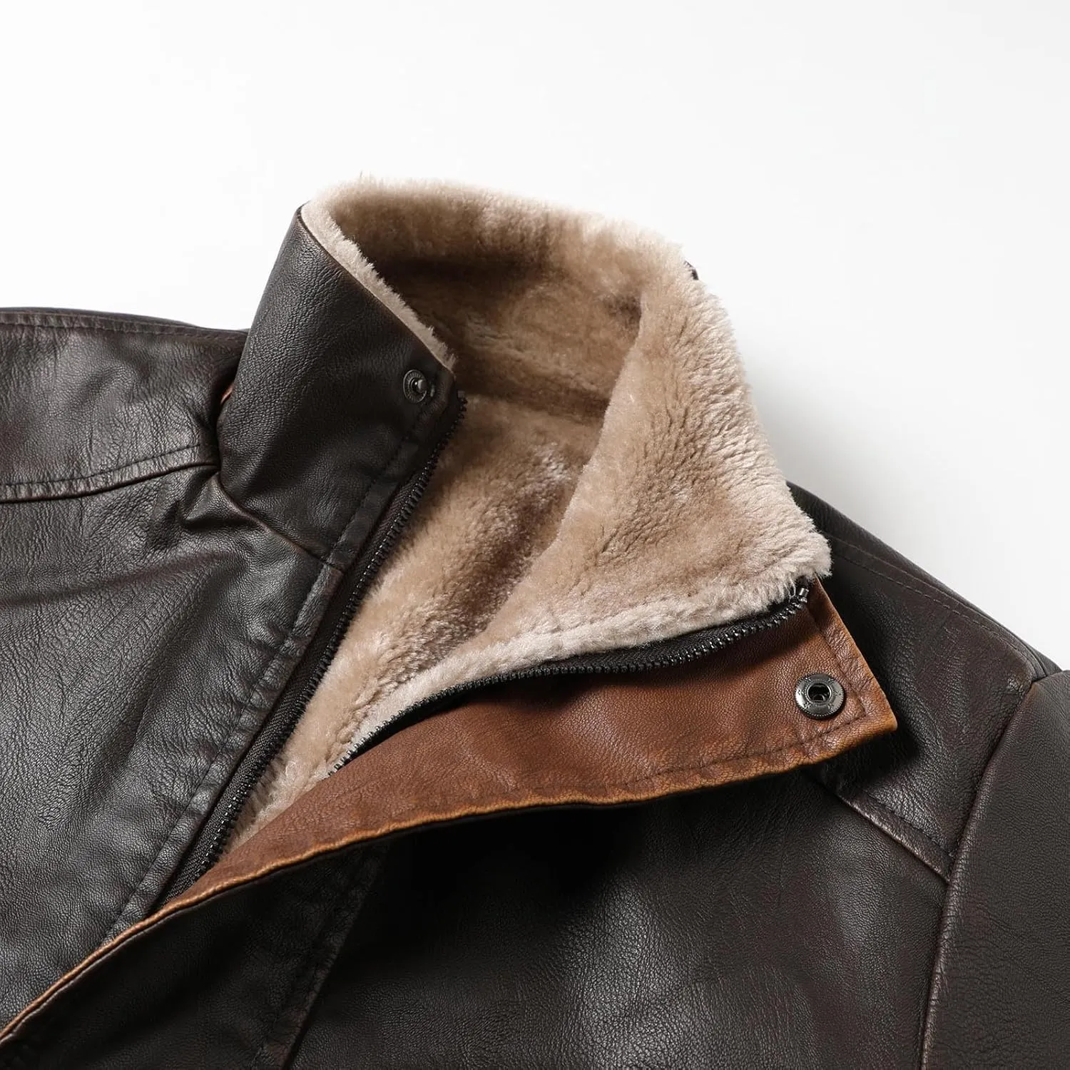Mens Faux Leather Sherpa Lined Jacket Winter Warm Trench Coats Heavyweight Fleece Motorcycle Bike Jacket