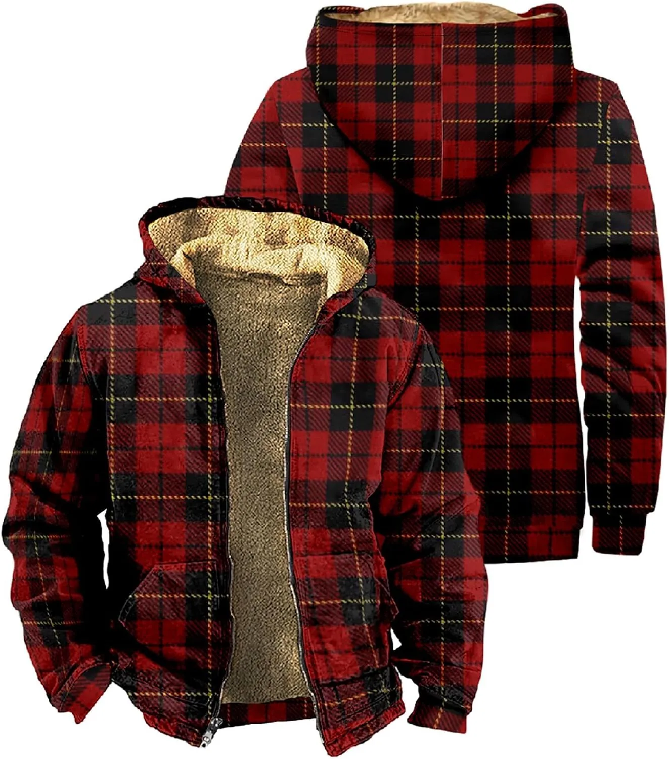 Men's Fleece Heavyweight Full Zip Men's Winter Wool Short Jacket Work Daily Outwear Casual Jacket Plaid Button Up