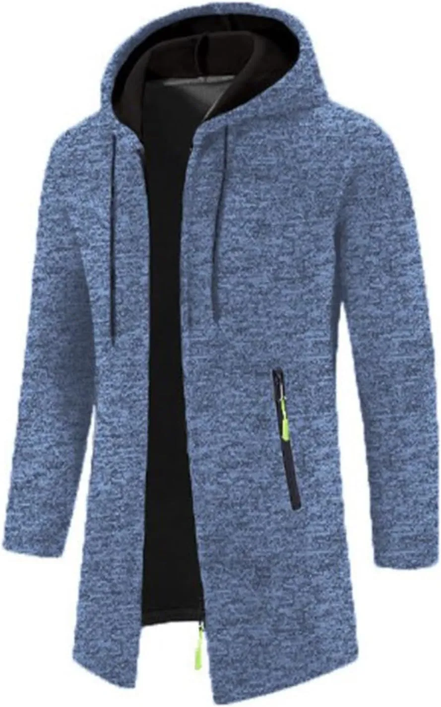 Mens Fleece Hoodie Long Zip Up Knit Cardigan Plus Size Jacket Winter Cardigan Coat Thermal Fashion Drawstring Coat