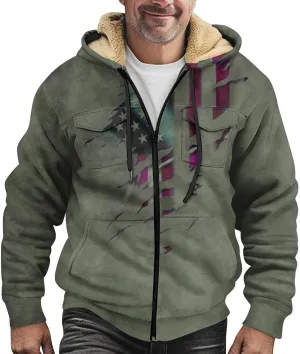 Mens Jacket Fall Hoodies Graphic Zip Up Padded Vintage Casual Long Sleeve Pockets Coat