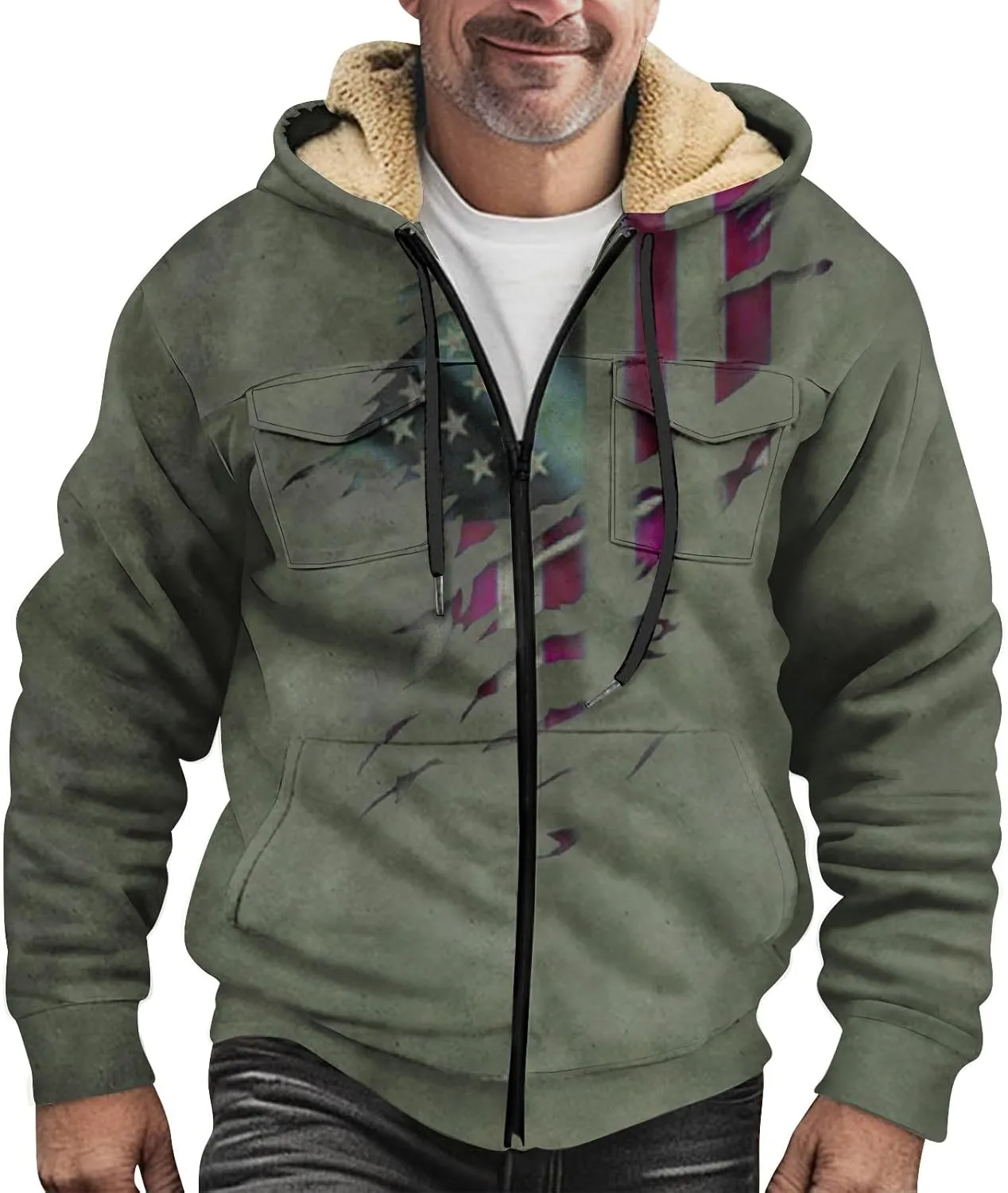Mens Jacket Fall Hoodies Graphic Zip Up Padded Vintage Casual Long Sleeve Pockets Coat