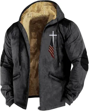 Men's Jacket Fleece Lined Zip Up Men's Autumn and Winter Casual Plaid Print Lapel Jacket Coat for Men with Pocket