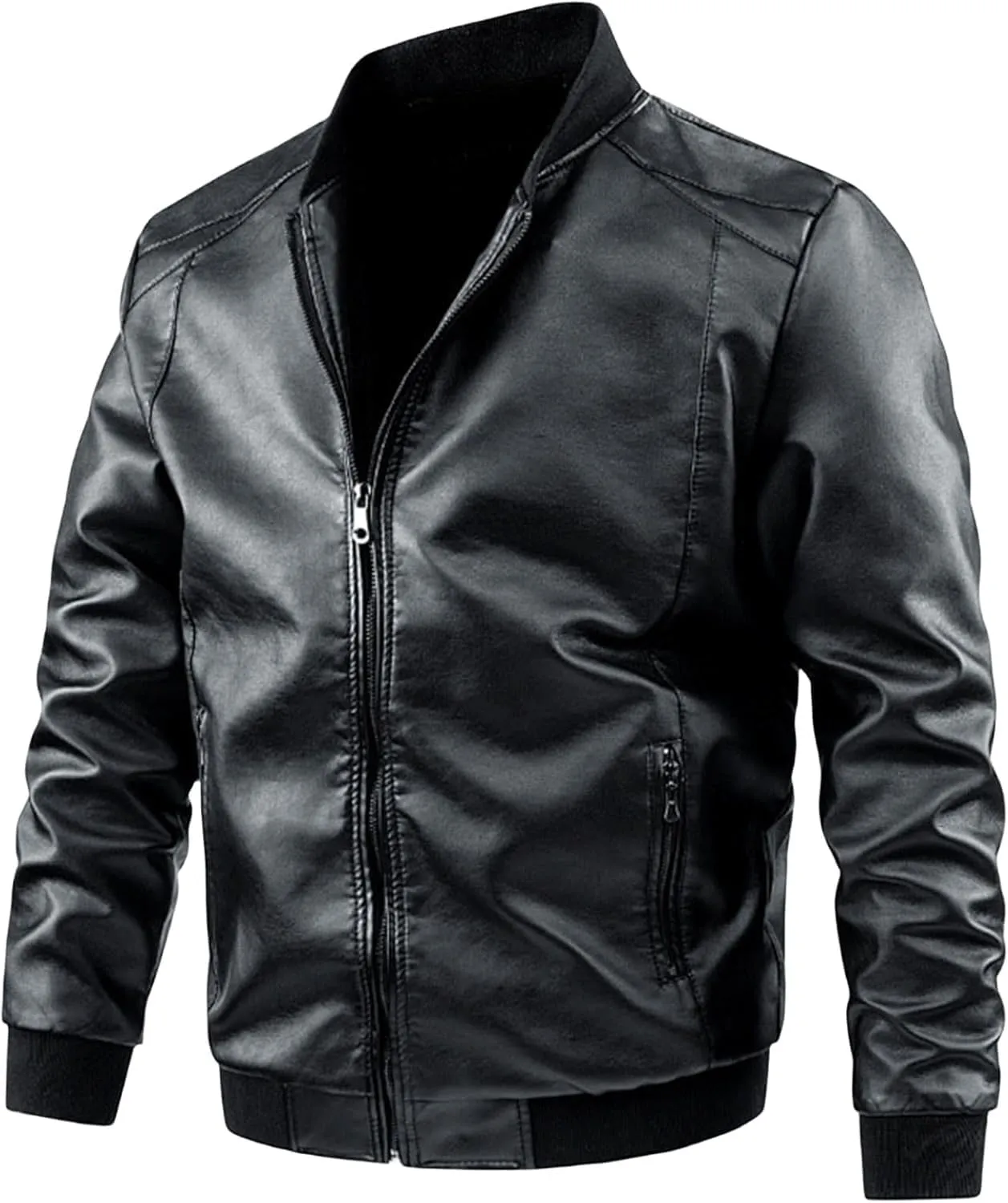 Men's Lightweight Faux Leather Bomber Jacket Zip-Up Slim Fit Motorcycle Casual Coat