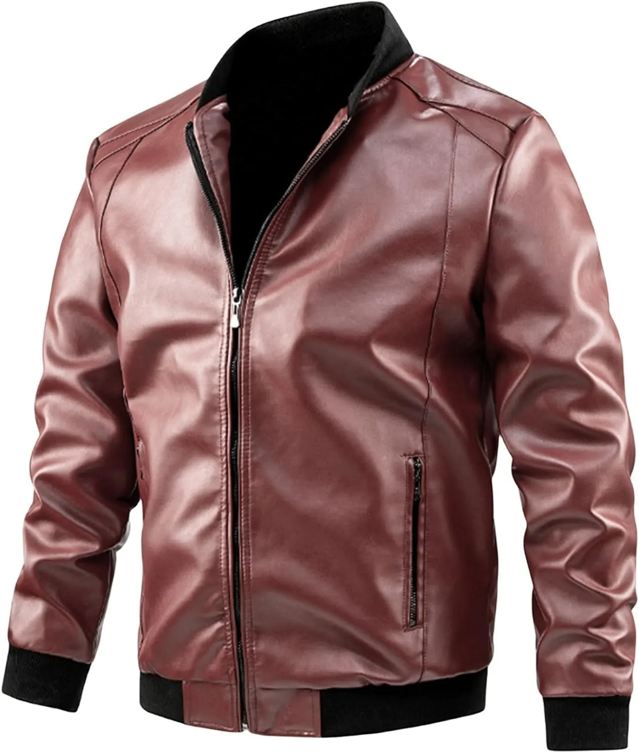 Men's Lightweight Faux Leather Bomber Jacket Zip-Up Slim Fit Motorcycle Casual Coat