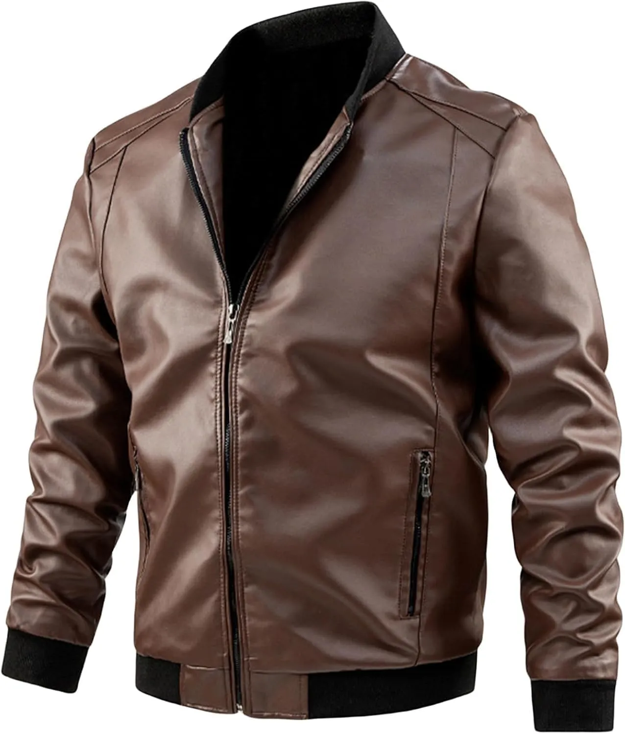 Men's Lightweight Faux Leather Bomber Jacket Zip-Up Slim Fit Motorcycle Casual Coat