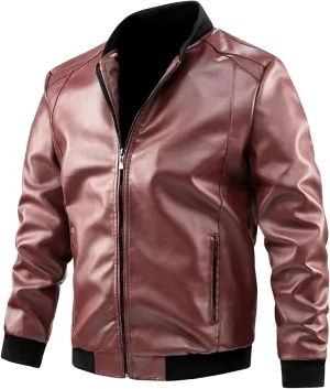 Men's Lightweight Faux Leather Bomber Jacket Zip-Up Slim Fit Motorcycle Casual Coat