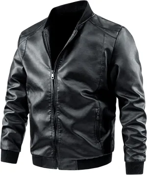 Men's Lightweight Faux Leather Bomber Jacket Zip-Up Slim Fit Motorcycle Casual Coat