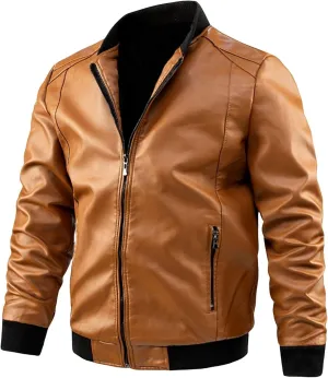 Men's Lightweight Faux Leather Bomber Jacket Zip-Up Slim Fit Motorcycle Casual Coat