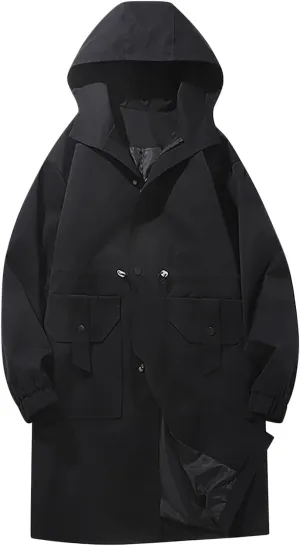 Men's Loose Fit Utility Coat Workwear Long Sleeved Hooded Jacket Waterproof Winter Jacket with Multiple Pockets