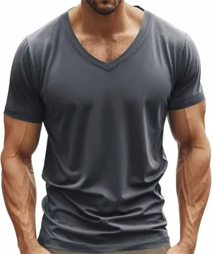 Mens Muscle Fitted T Shirts 2025 Stylish V Neck Longline Comfy Soft Shirt Stretch Short Sleeve Gym Workout Tops