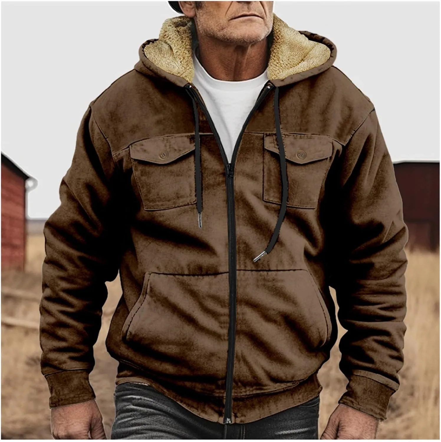 Men's Oversized Sherpa Lined Hoodies Thicken Fleece Drawstring Zip Up Hooded Jackets Sweatshirt Warm Soft Winter Coat
