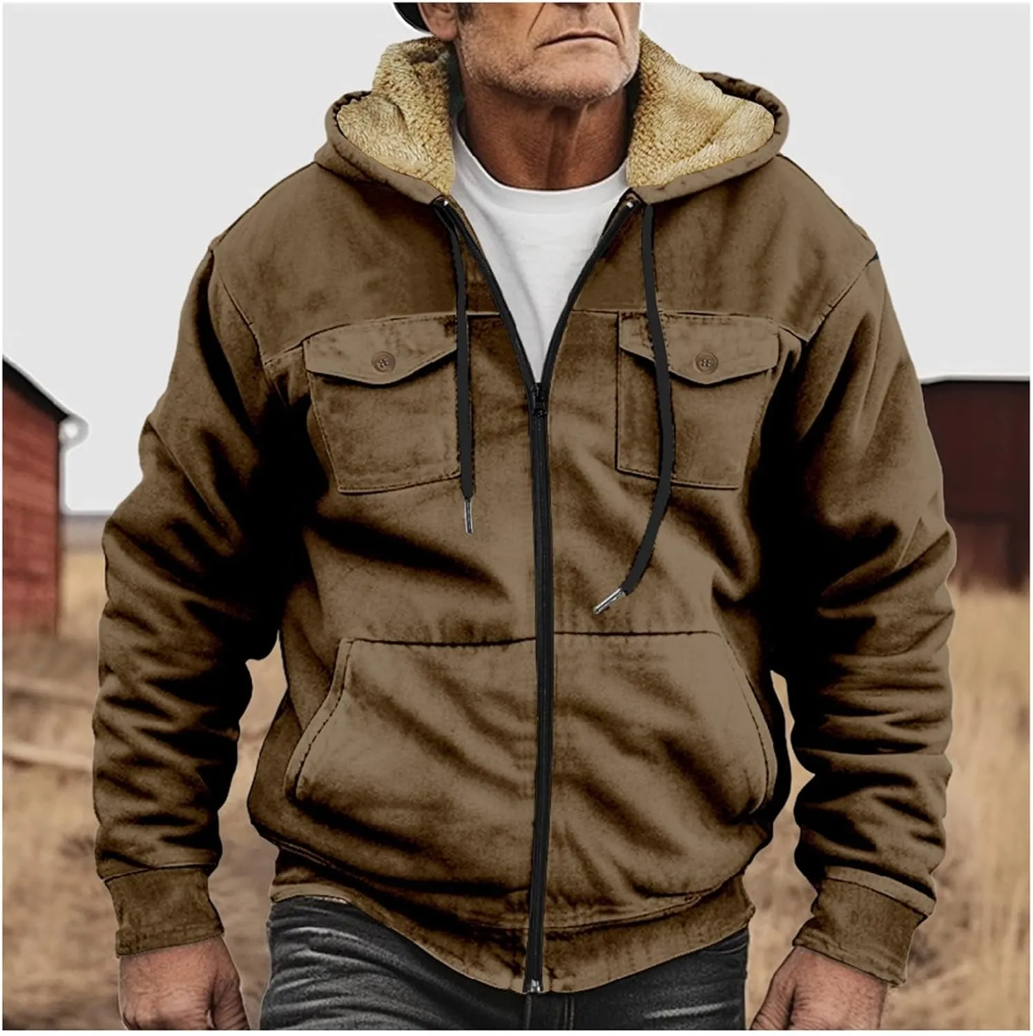 Men's Oversized Sherpa Lined Hoodies Thicken Fleece Drawstring Zip Up Hooded Jackets Sweatshirt Warm Soft Winter Coat