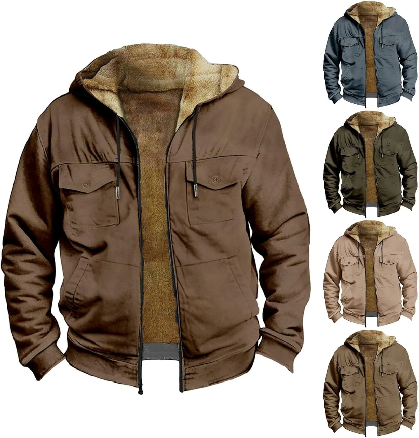Men's Oversized Sherpa Lined Hoodies Thicken Fleece Drawstring Zip Up Hooded Jackets Sweatshirt Warm Soft Winter Coat
