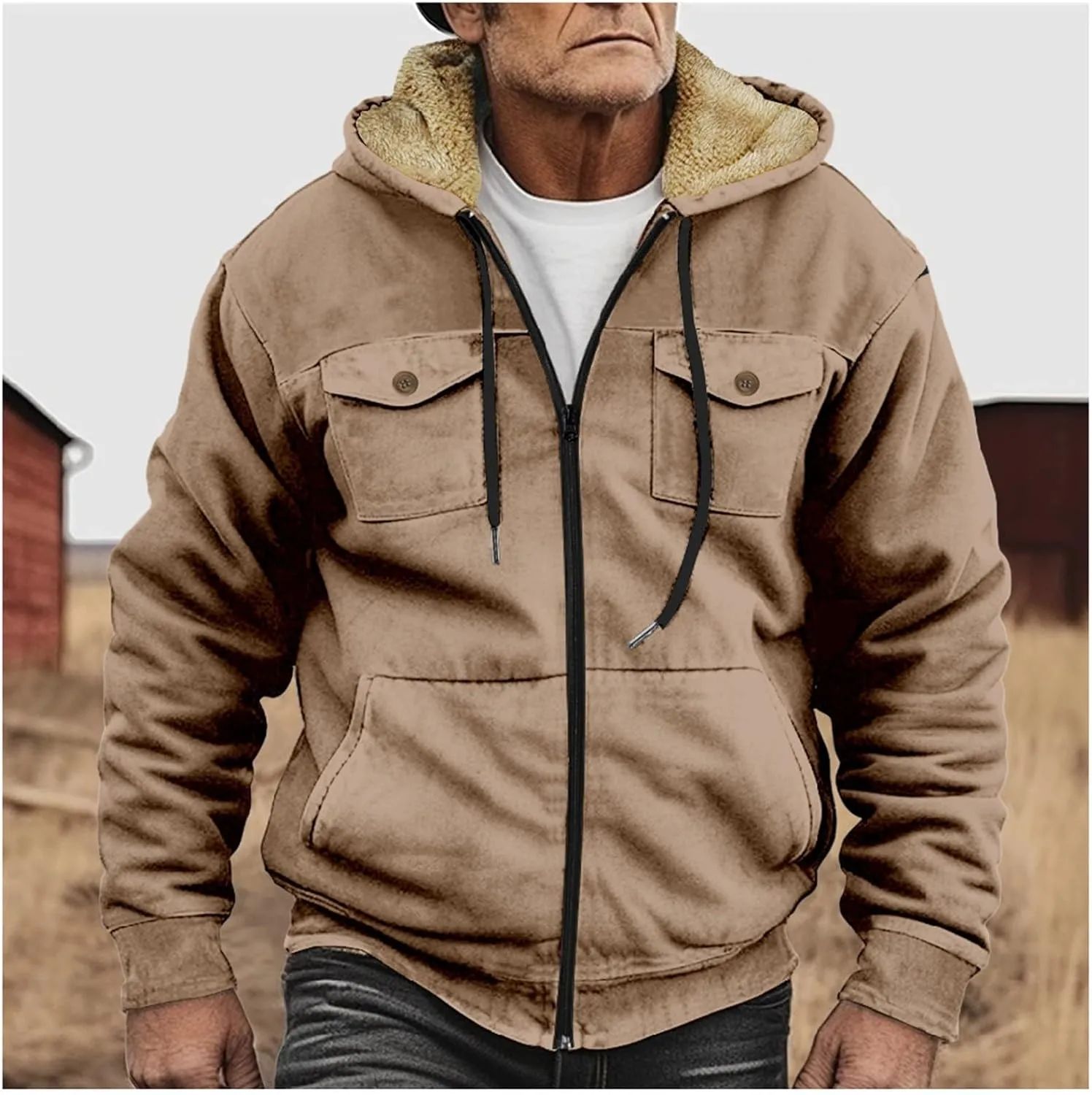 Men's Oversized Sherpa Lined Hoodies Thicken Fleece Drawstring Zip Up Hooded Jackets Sweatshirt Warm Soft Winter Coat