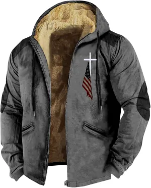 Men's Puffer Jacket Lightweight Warm Hooded Brown Zipper Personalized Patch Casual Fleece Lined Jackets for Men